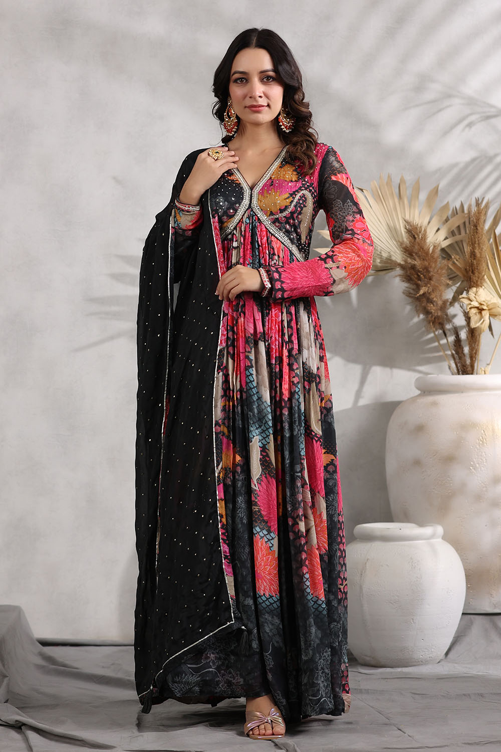 Black Colored Georgette Anarkali Suit With Dupatta - Anarkali