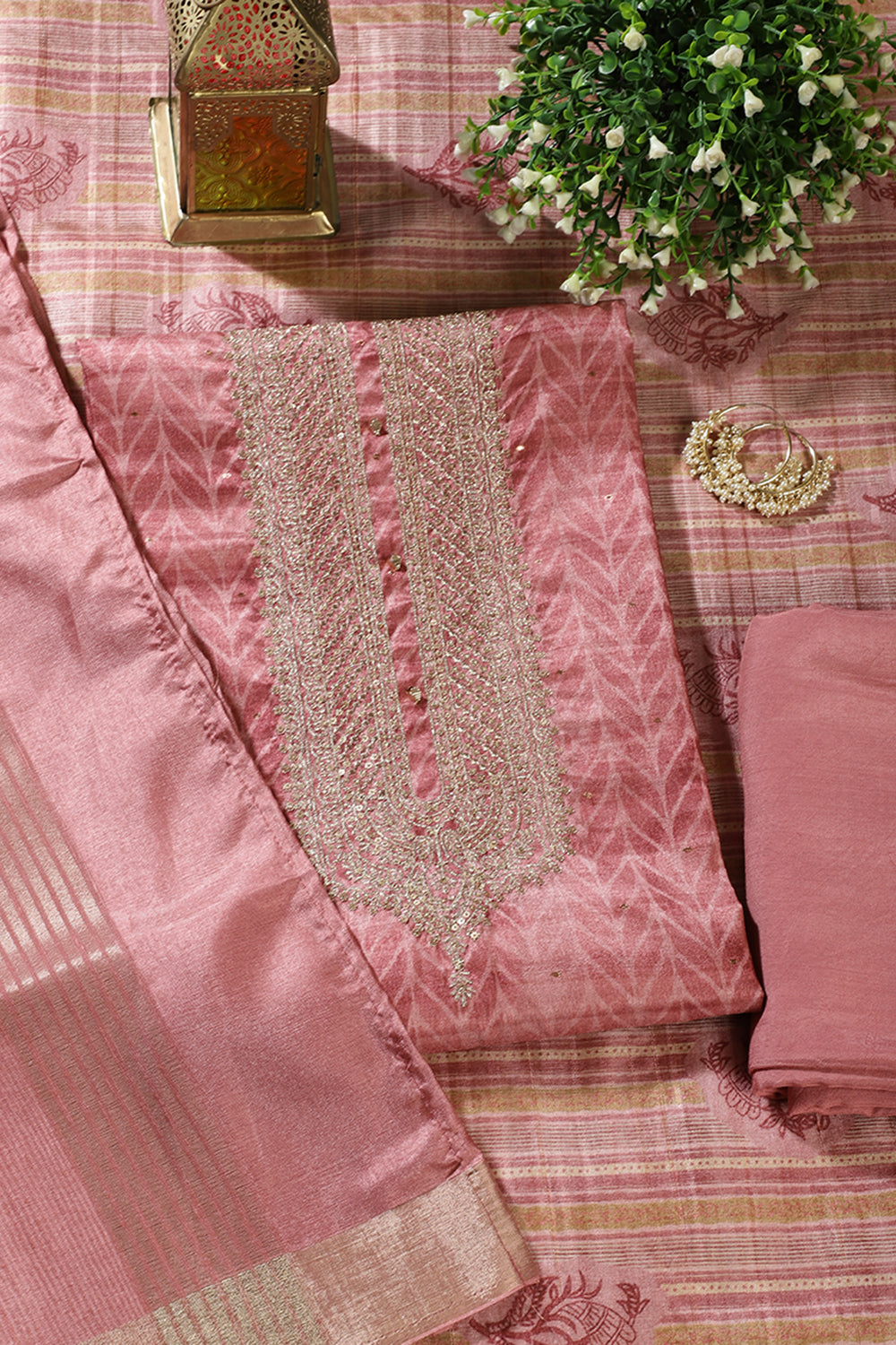 Coral Pink  Tussar Silk Neck Zari Embroidered & Printed Unstitched Suit Fabric