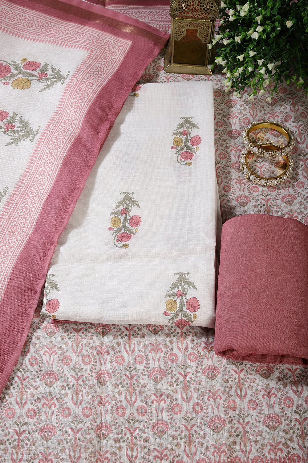 Cream & Dark Mauve Color Cotton Printed Unstitched Suit Material