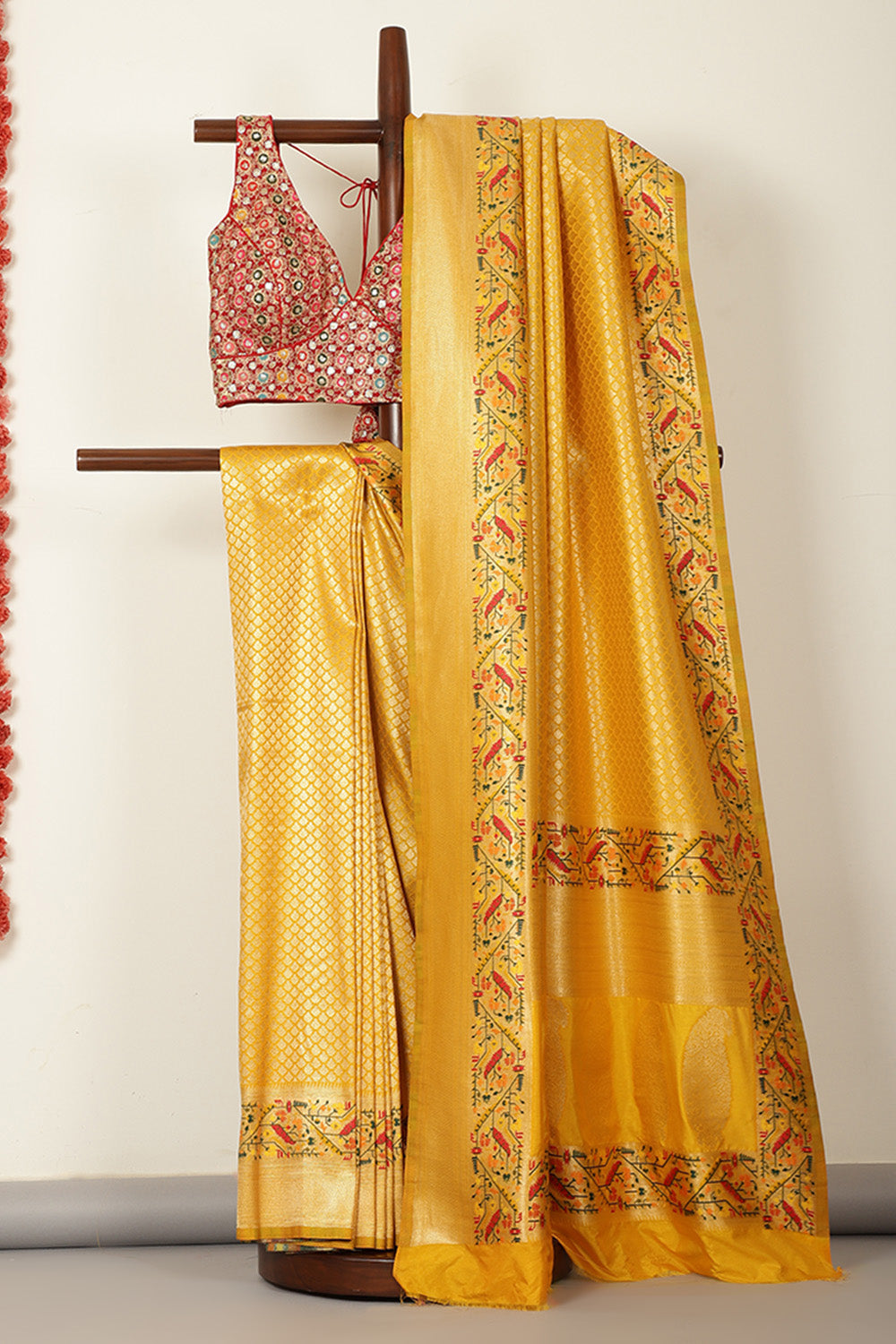 Mustard Soft Silk Zari and Resham woven Paithani Work Saree
