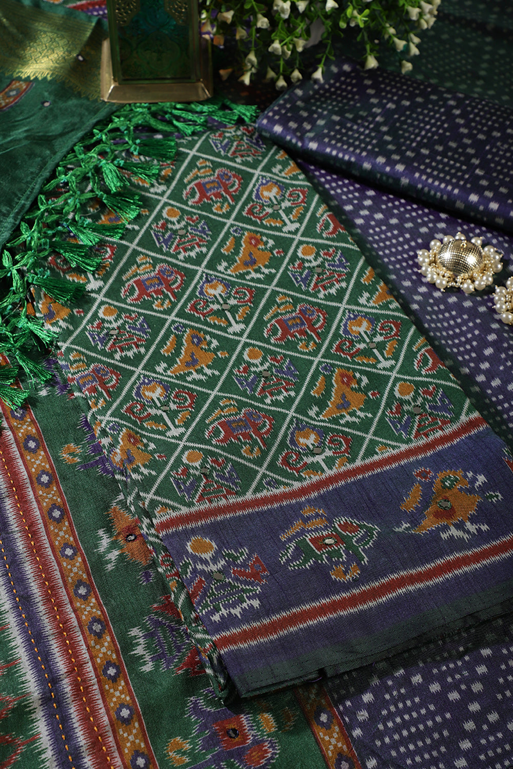 Green Crepe Silk Woven Embroidered Unstitched Suit Fabric
