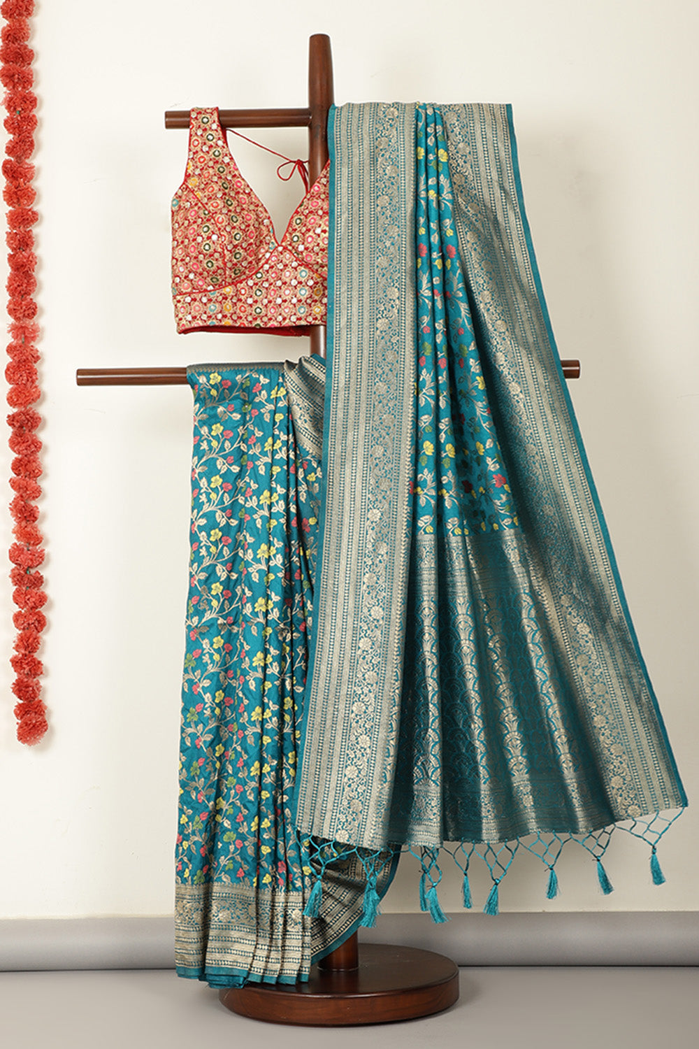 Teal Silk Zari & Resham Woven Saree