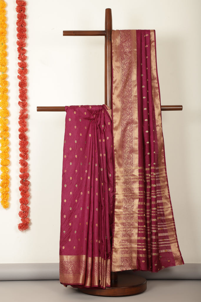 Dark Scarlet Cotton Zari & Resham Woven Saree