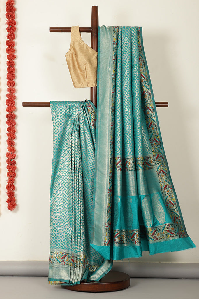 Teal Silk Zari and Resham Woven Paithani Work Saree