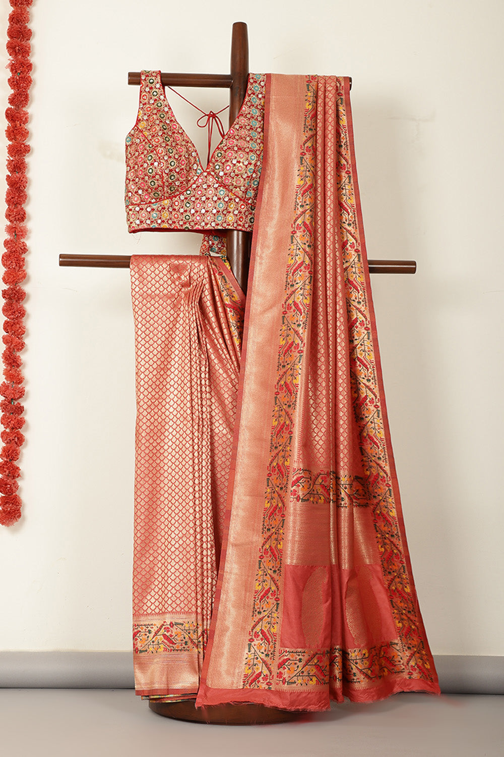Coral Pink Soft Silk Zari and Resham woven Paithani Work Saree