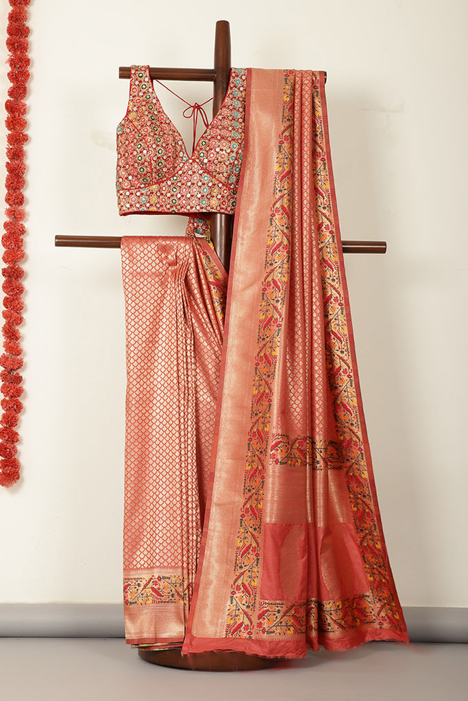 Coral Pink Soft Silk Zari and Resham woven Paithani Work Saree