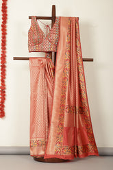 Coral Pink Soft Silk Zari and Resham woven Paithani Work Saree