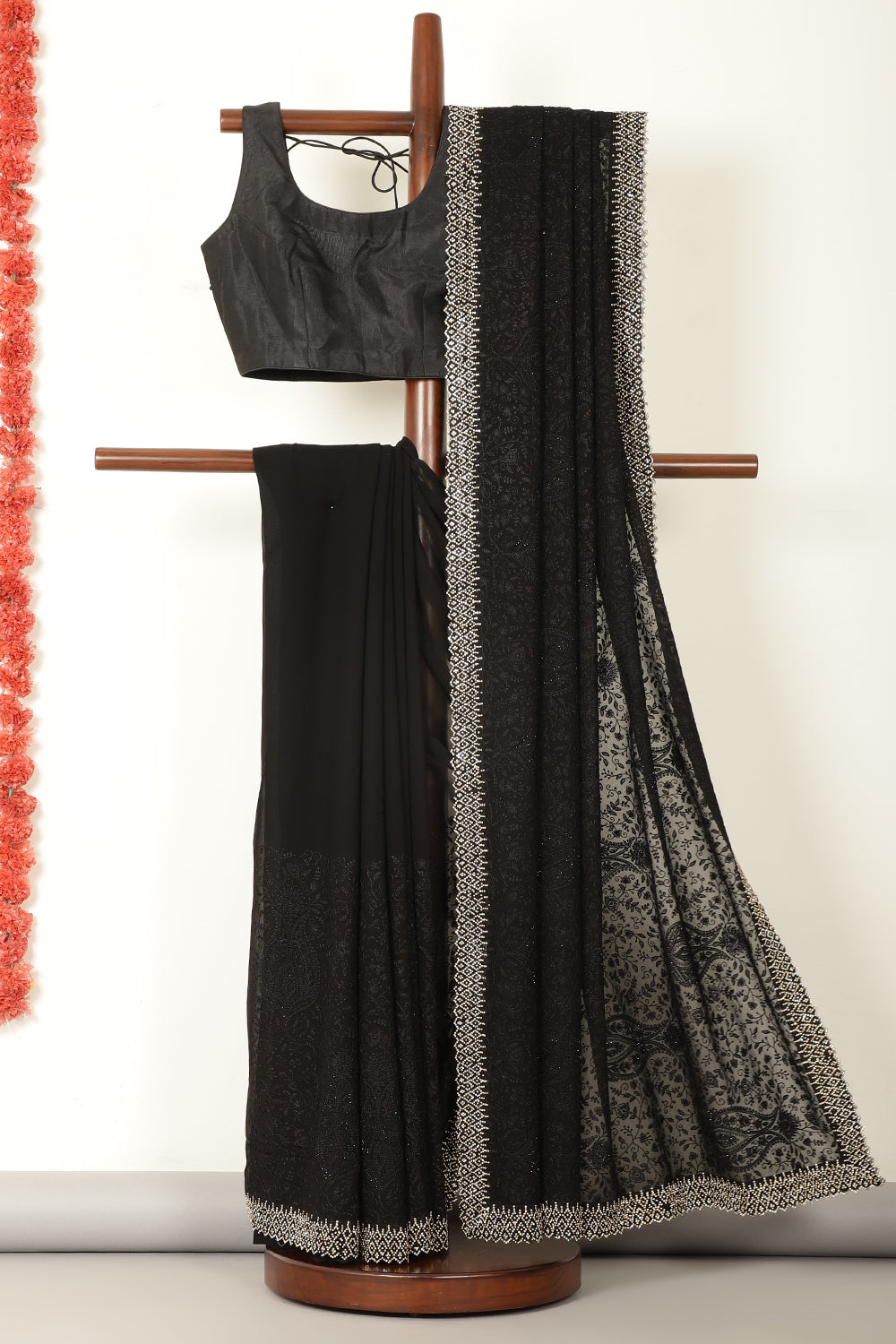 Black Georgette Resham Floral Jal Woven And Swarovski Work Saree