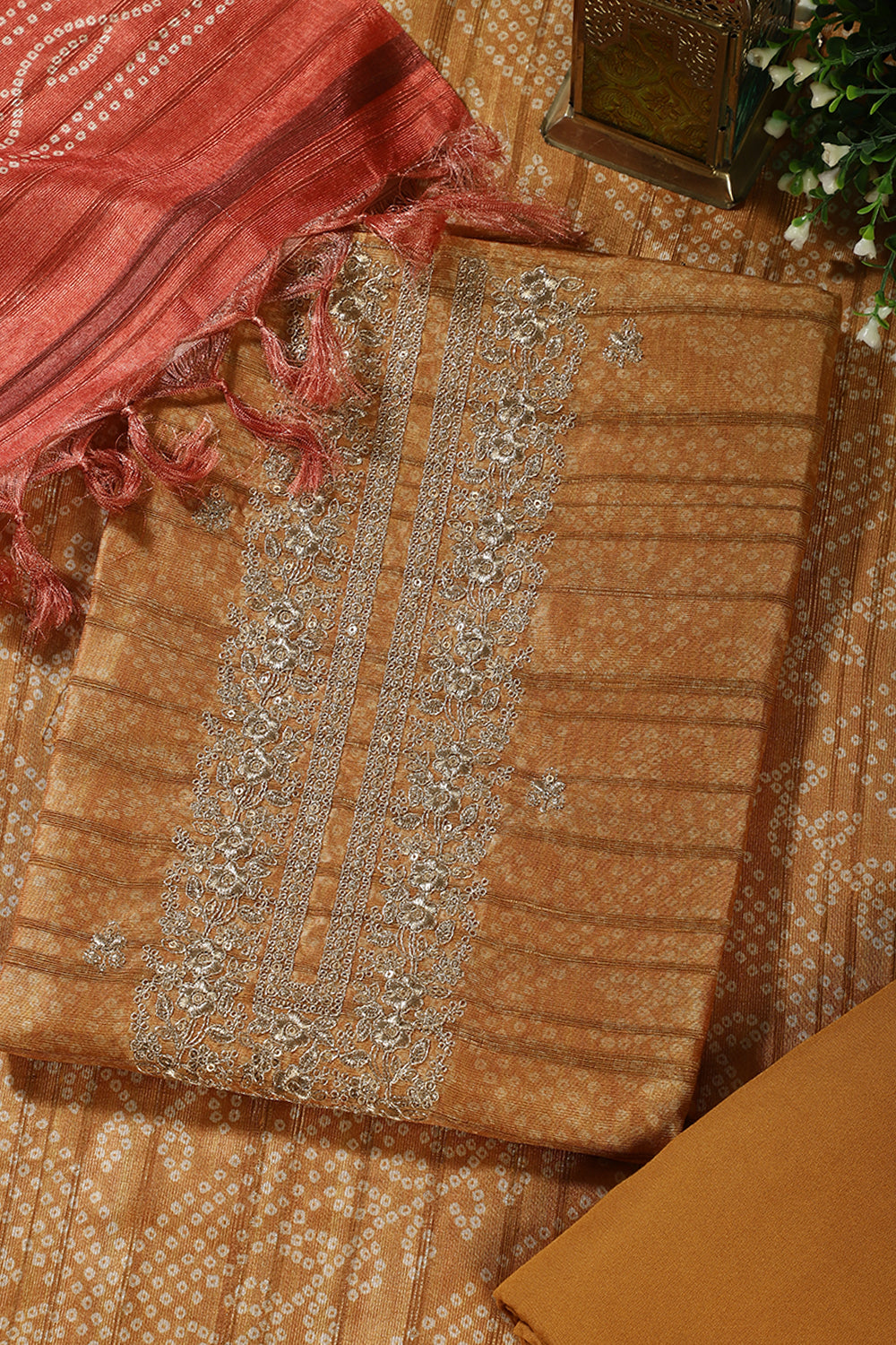 Mustard Chanderi Silk Neck Embroidered & Bandhani Pinted Unstitched Suit Material
