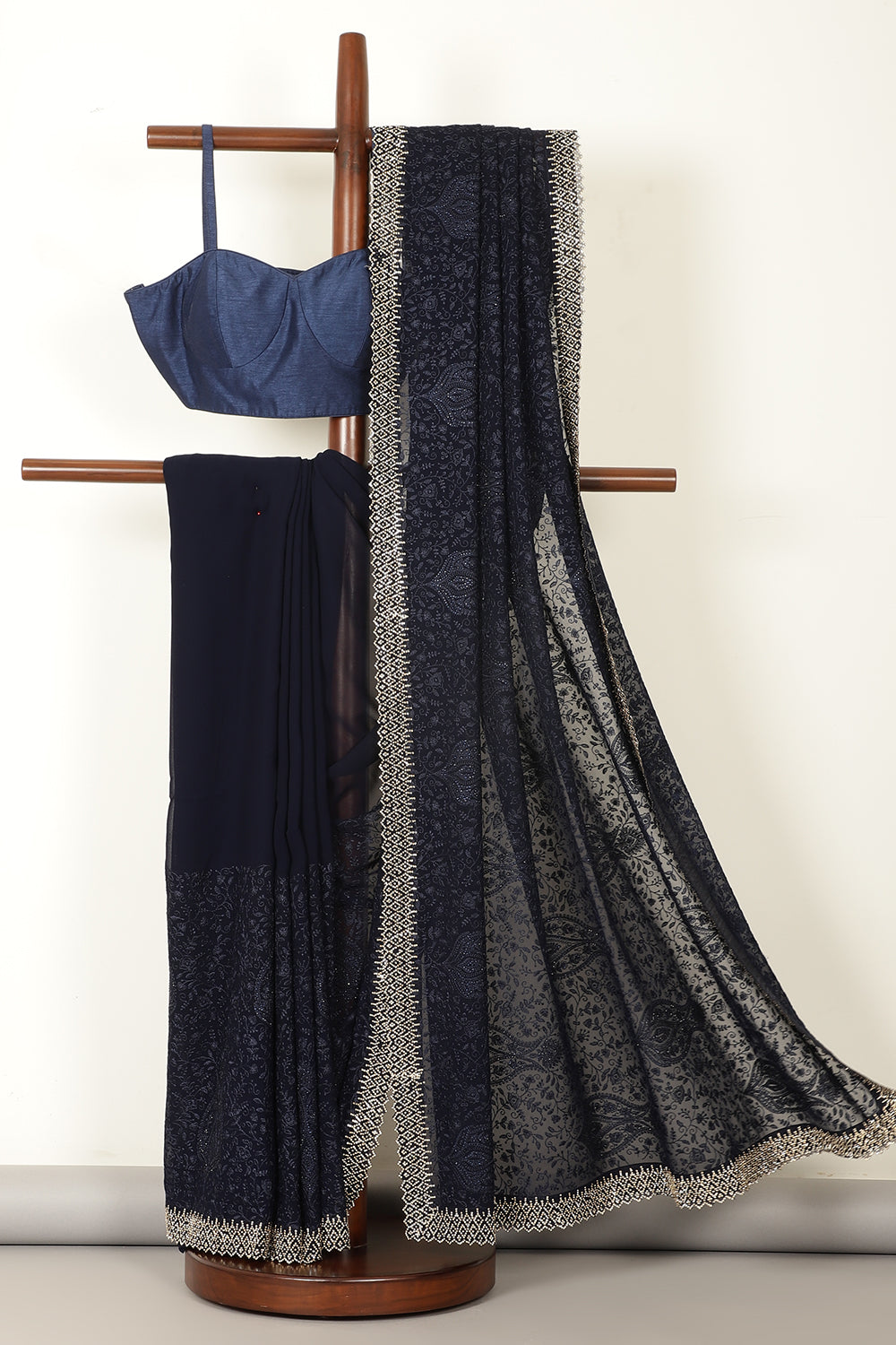 Navy Georgette Resham Floral Jal Woven And Swarovski Work Saree