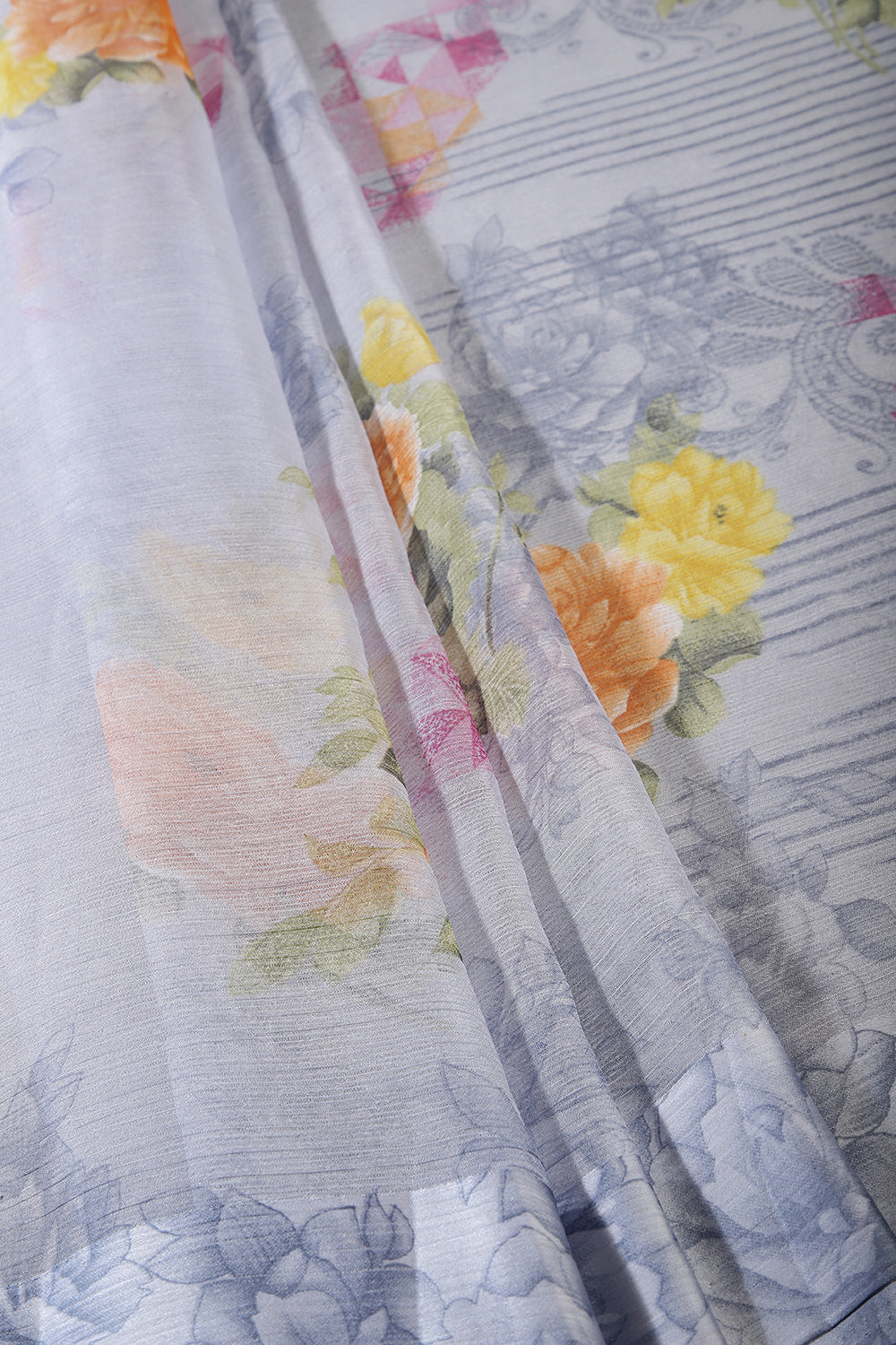 Grey Color Floral Printed Chiffon Saree