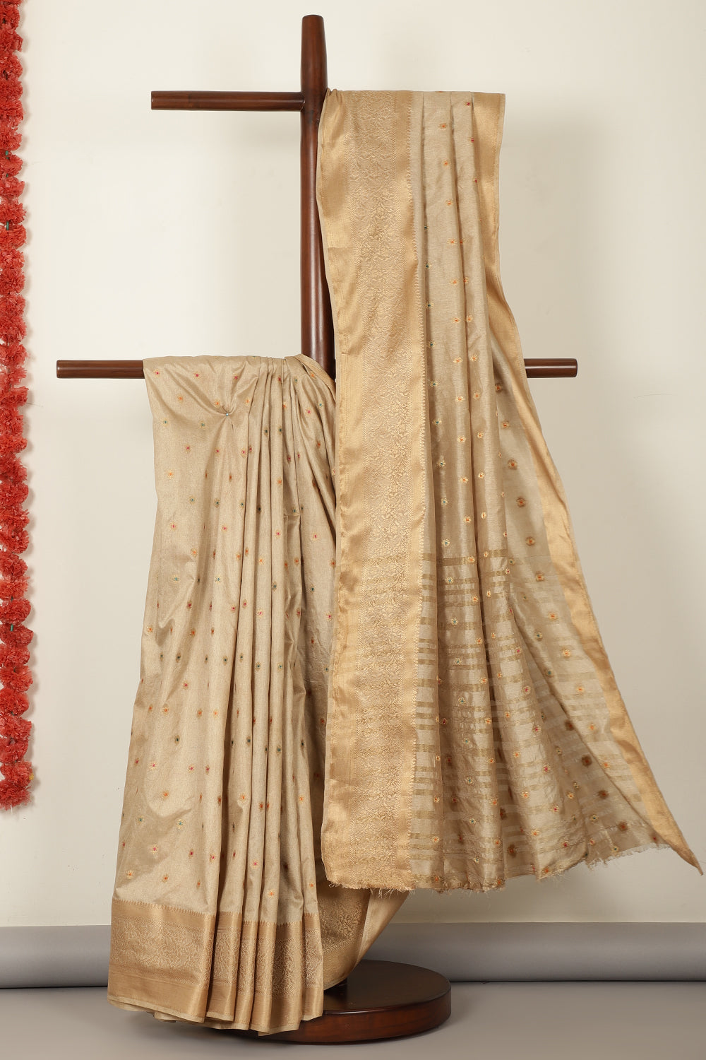 Beige Cotton Zari & Resham Woven Saree
