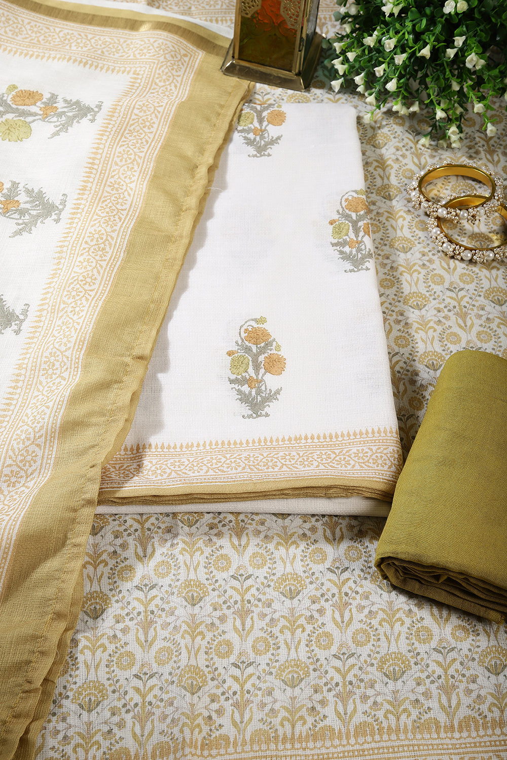 Cream & Olive Green Color Cotton Printed Unstitched Suit Material