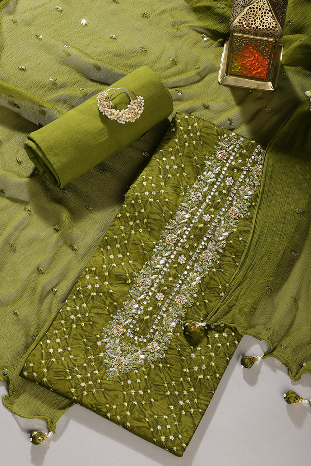 Olive Green Cotton Neck Zardozi Embroidered & Shibori Printed Unstitched Suit Fabric