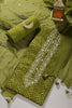 Olive Green Cotton Neck Zardozi Embroidered & Shibori Printed Unstitched Suit Fabric