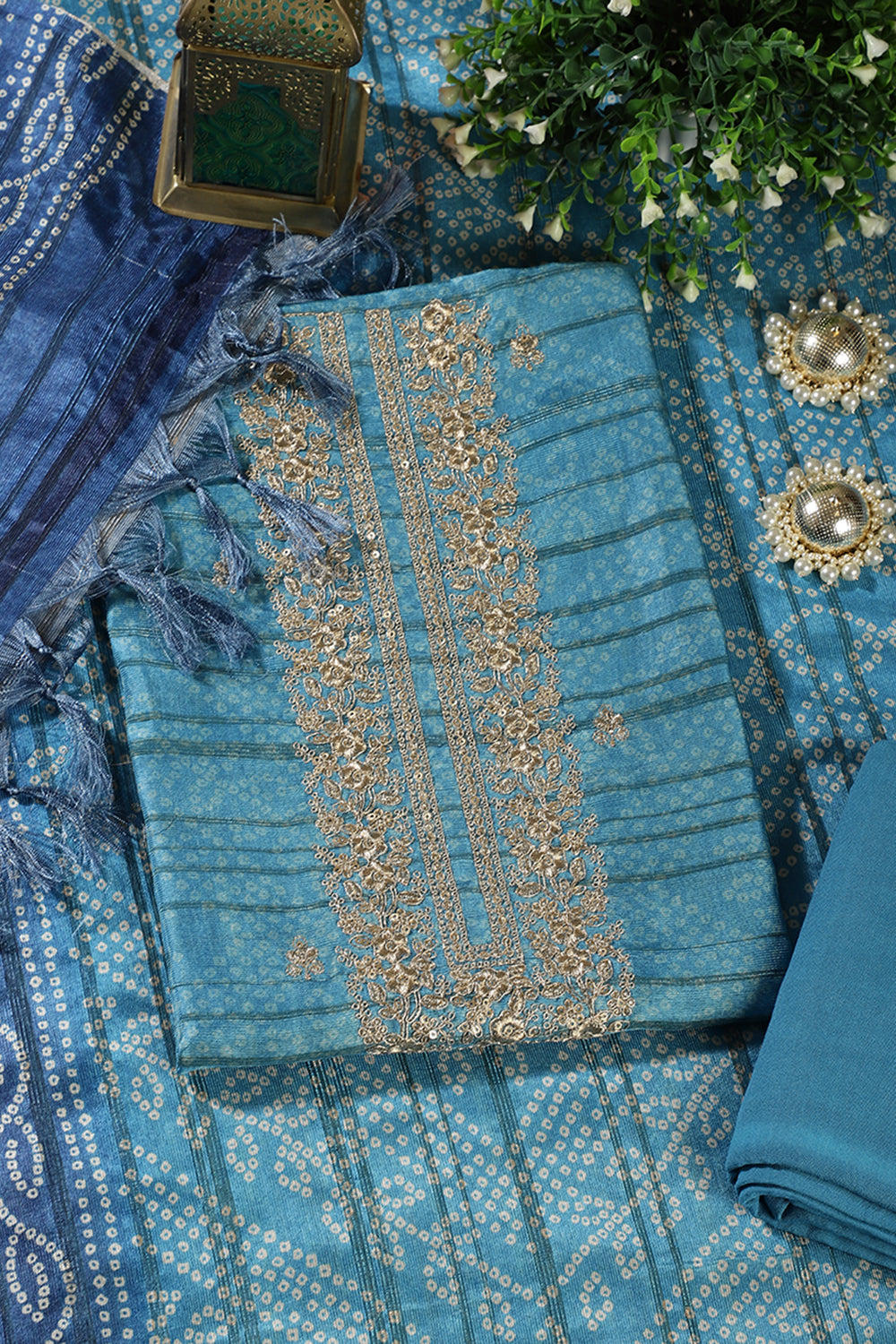 Turquoise Chanderi Silk Neck Embroidered & Bandhani Pinted Unstitched Suit Material