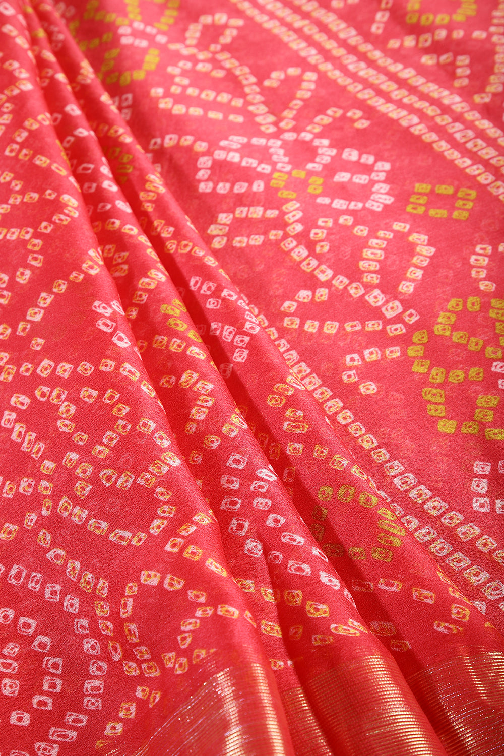 Coral Pink Color Chiffon Bandhani Printed Saree