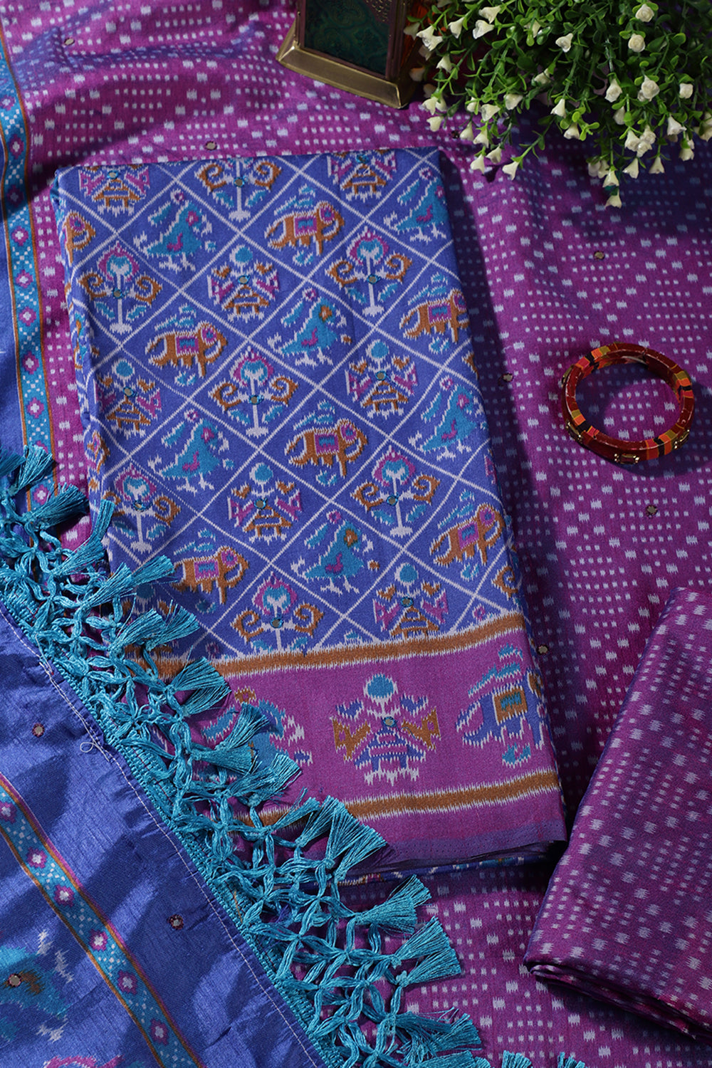 Royal Blue & Purple Crepe Silk Woven Embroidered Unstitched Suit Fabric