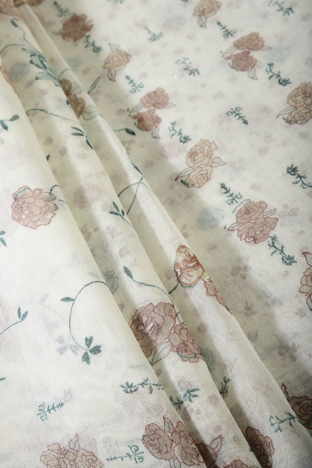 Cream & Teal Color Floral Printed Organza Cotton Saree