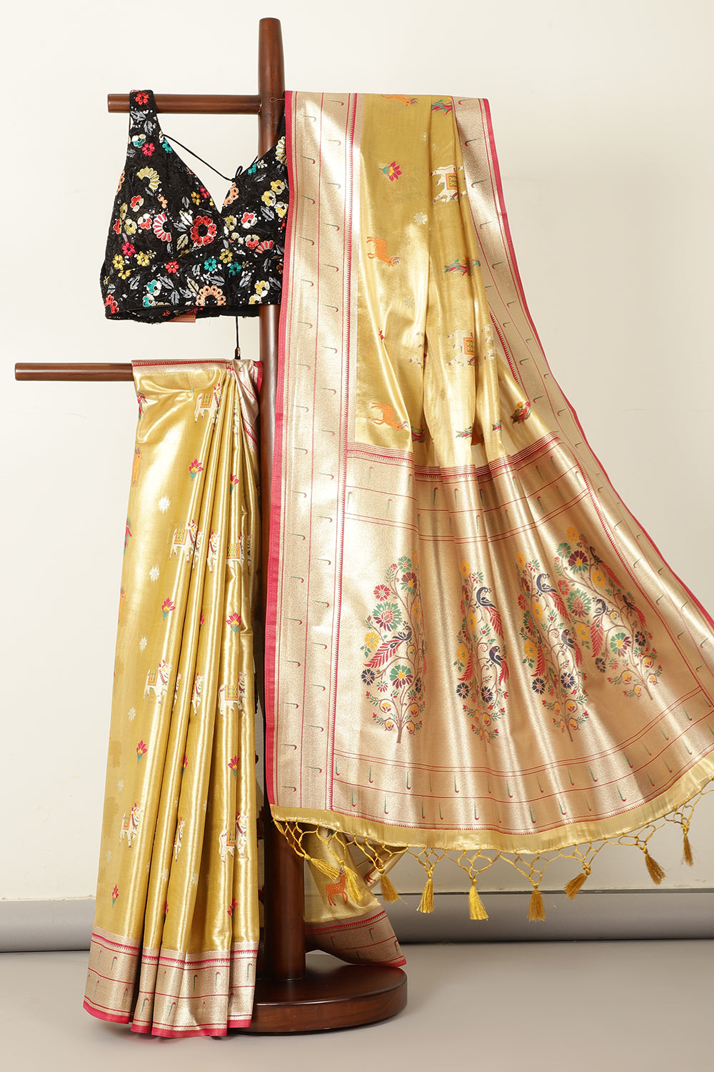 Gold & Beige Duo-Chrome Tissue Silk  Pathani Work Saree