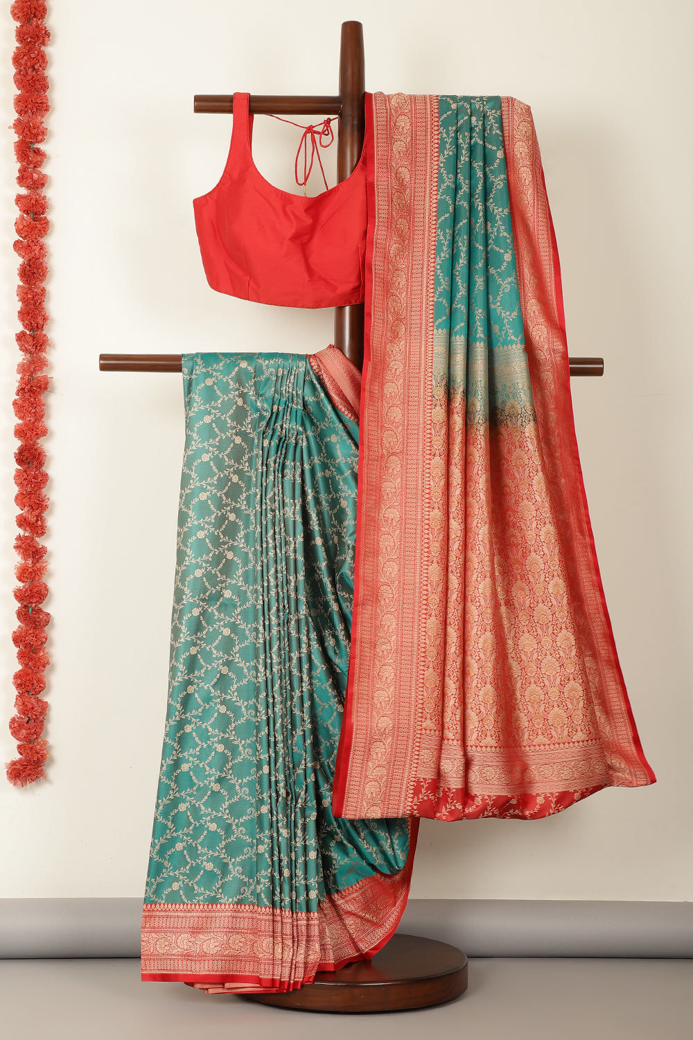 Teal & Red Dual Toned Silk Floral Jal Woven Saree