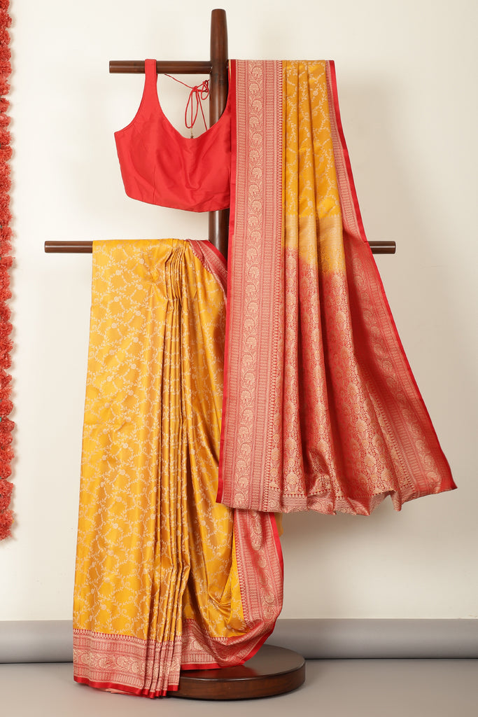 Mustard & Red Dual Toned Silk Floral Jal Woven Saree