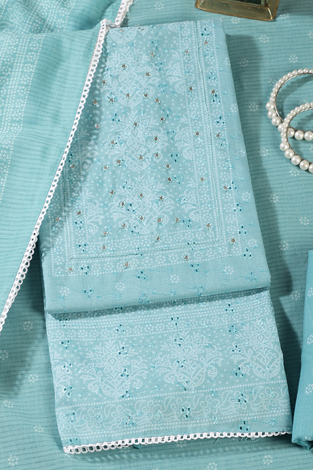 Turquoise Color Resham & Mirror Embroidered Cotton Unstitched Suit Fabric