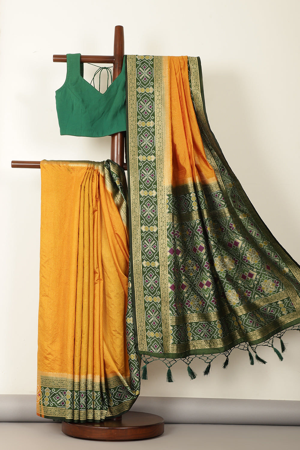 Mustard & Green Dual Toned Tussar Silk Patola Woven Saree