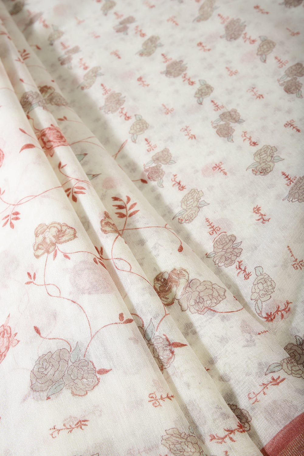 Cream & Peach Color Floral Printed Organza Cotton Saree