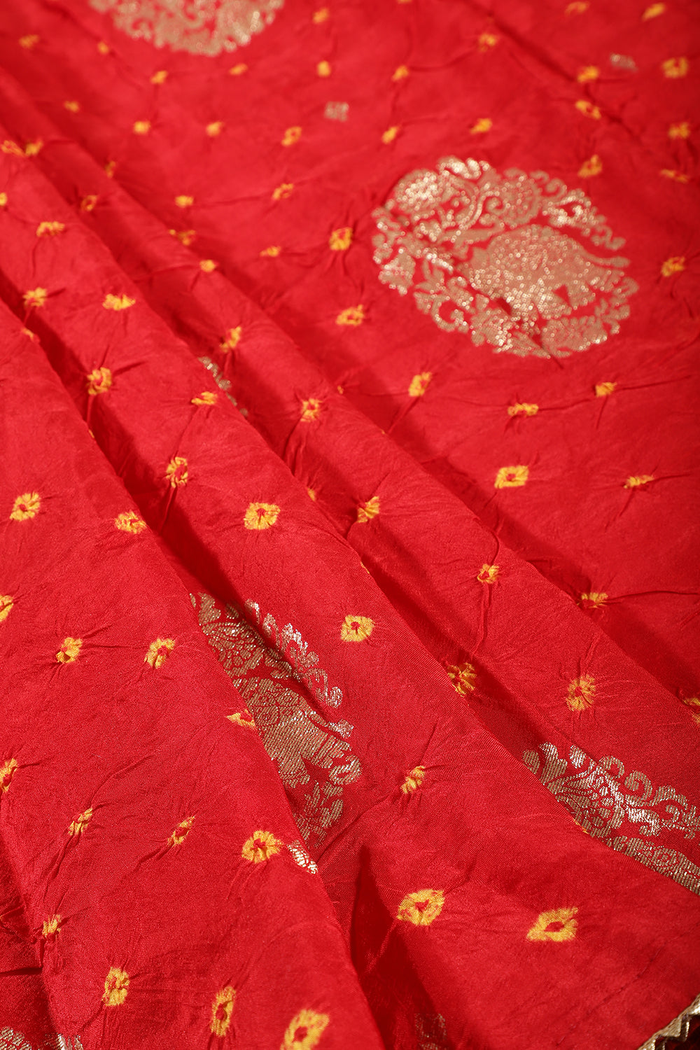 Red Color Bandhej Modal Silk Zari Woven Saree