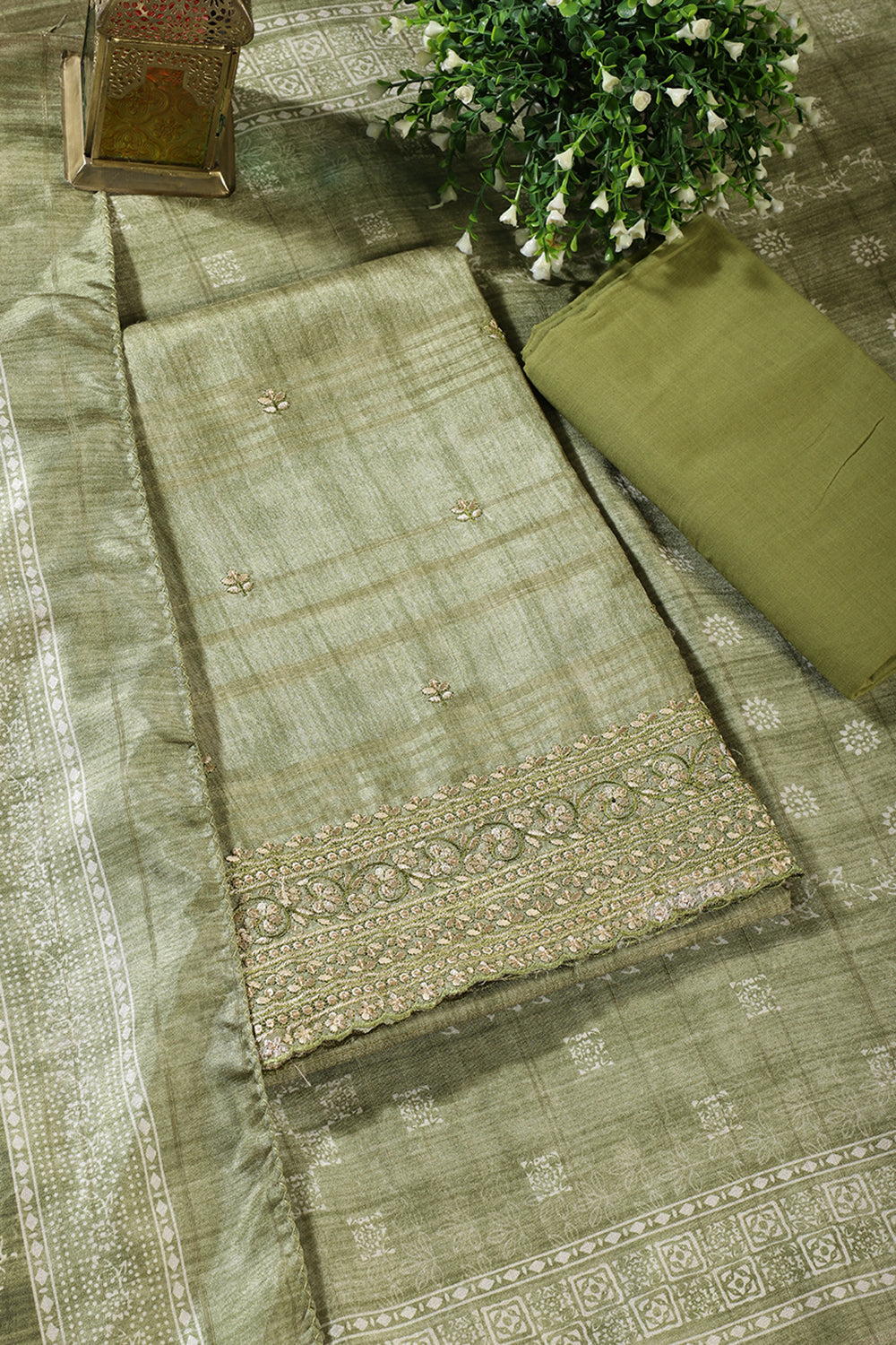 Sage Green Tussar Silk Embroidered Unstitched Suit Material