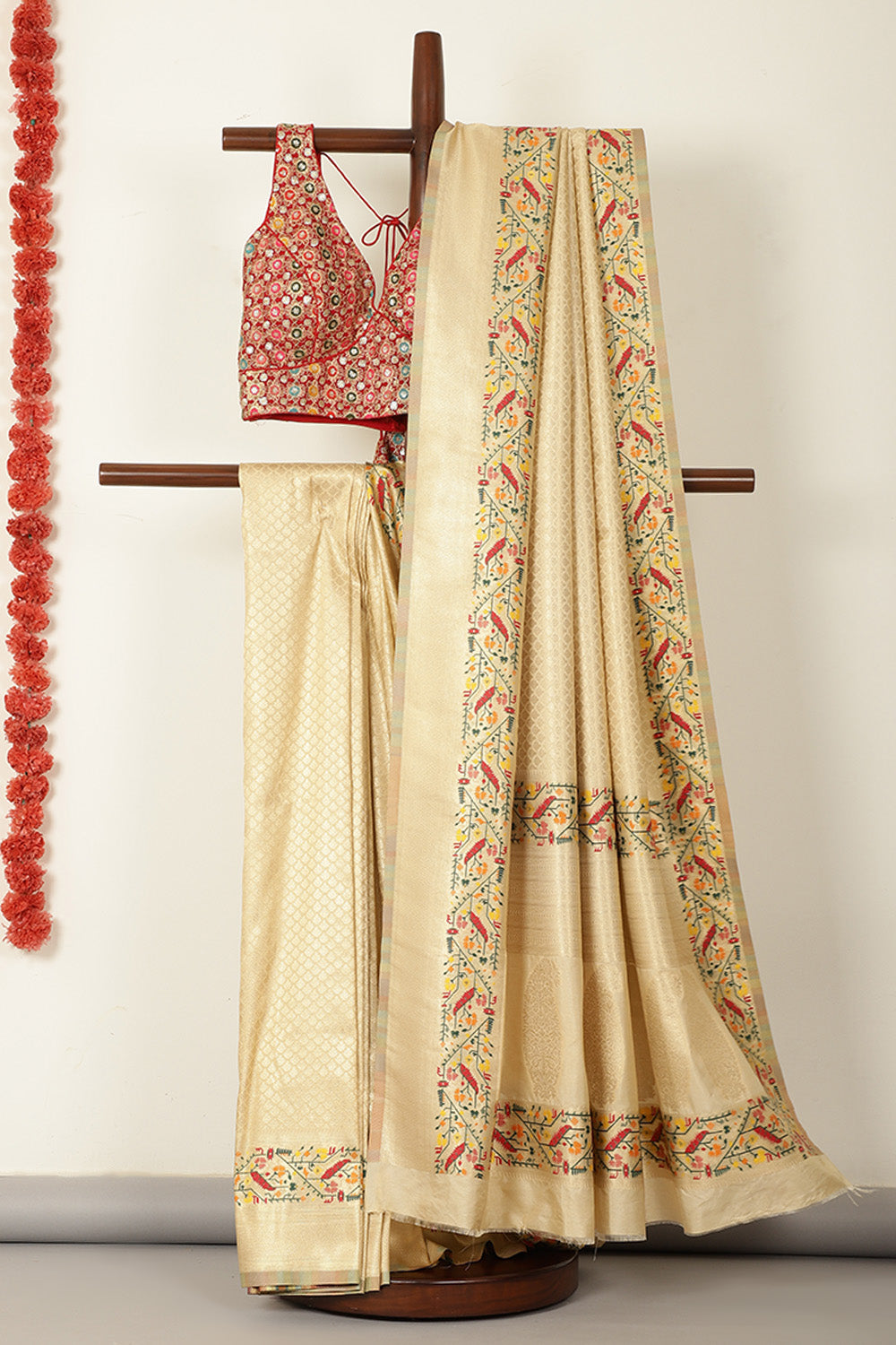 Beige Soft Silk Zari and Resham woven Paithani Work Saree