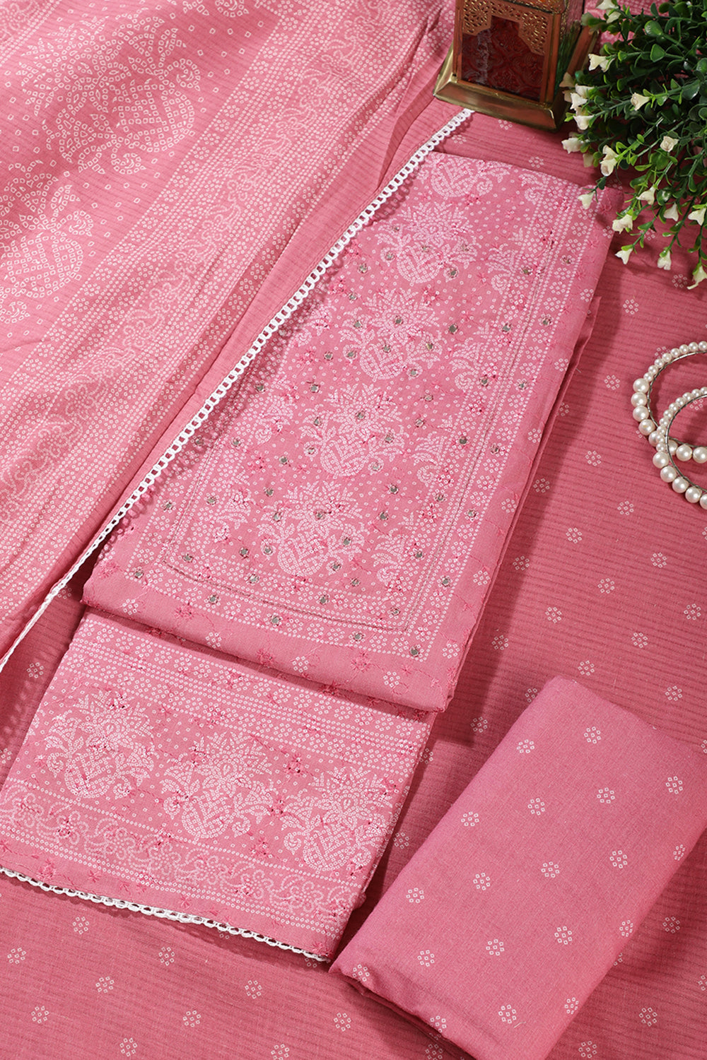 Dusty Pink Color Resham & Mirror Embroidered Cotton Unstitched Suit Fabric