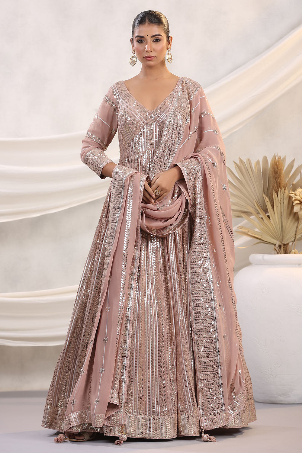 Peach Color Georgette Sequins Embroidered Floor Length Anarkali Gown w