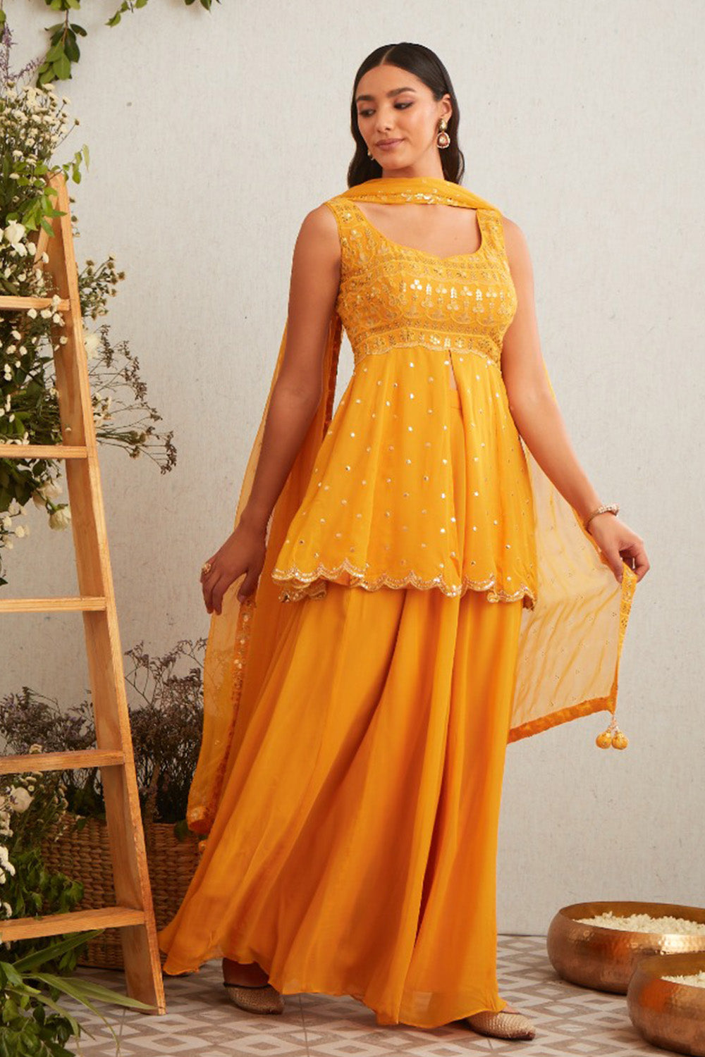 Mustard Color Georgette Embroidered Suit with Sharara Meena Bazaar Shop Mustard Color Georgette Embroidered Suit with Sharara Meena Bazaar Shop
