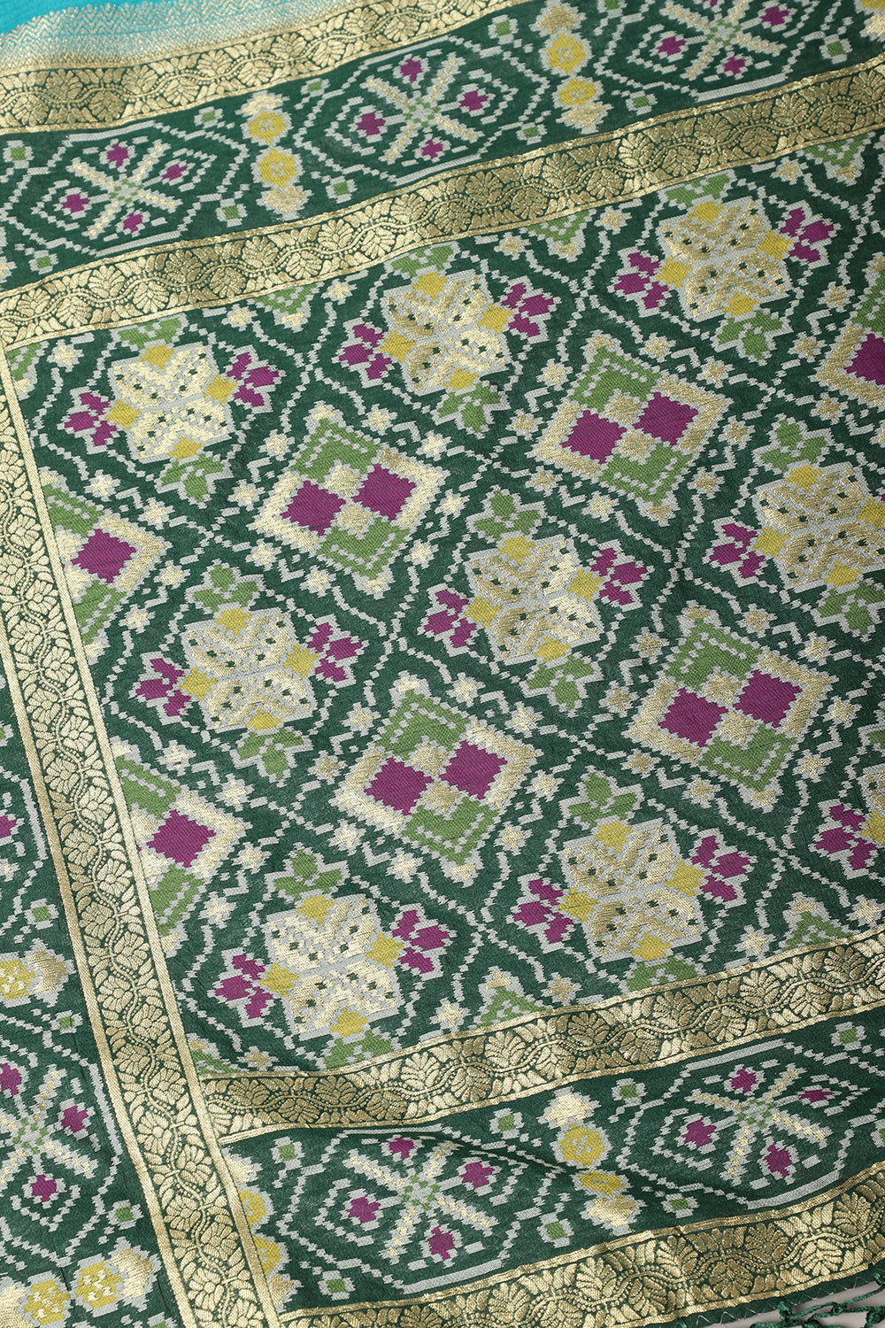 Turquoise  & Green Dual Toned Tussar Silk Patola Woven Saree