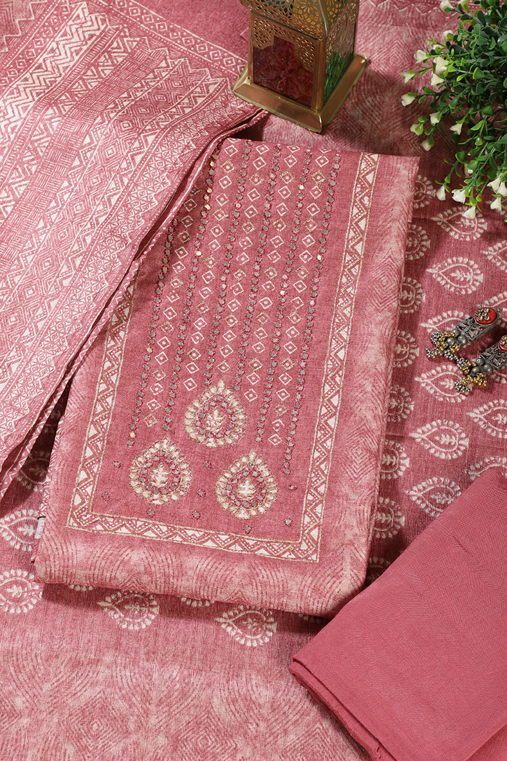 Dusty Pink Chanderi Silk Mirror Worked Unstitched Suit Material