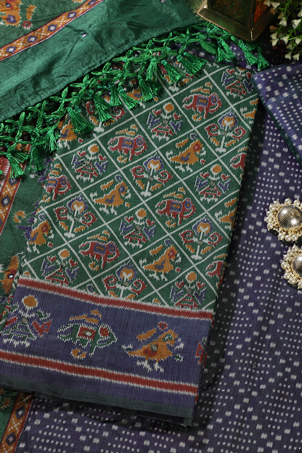 Green Crepe Silk Woven Embroidered Unstitched Suit Fabric
