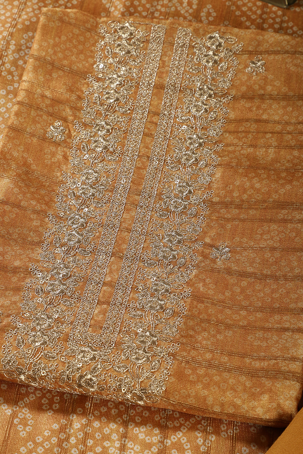 Mustard Chanderi Silk Neck Embroidered & Bandhani Pinted Unstitched Suit Material