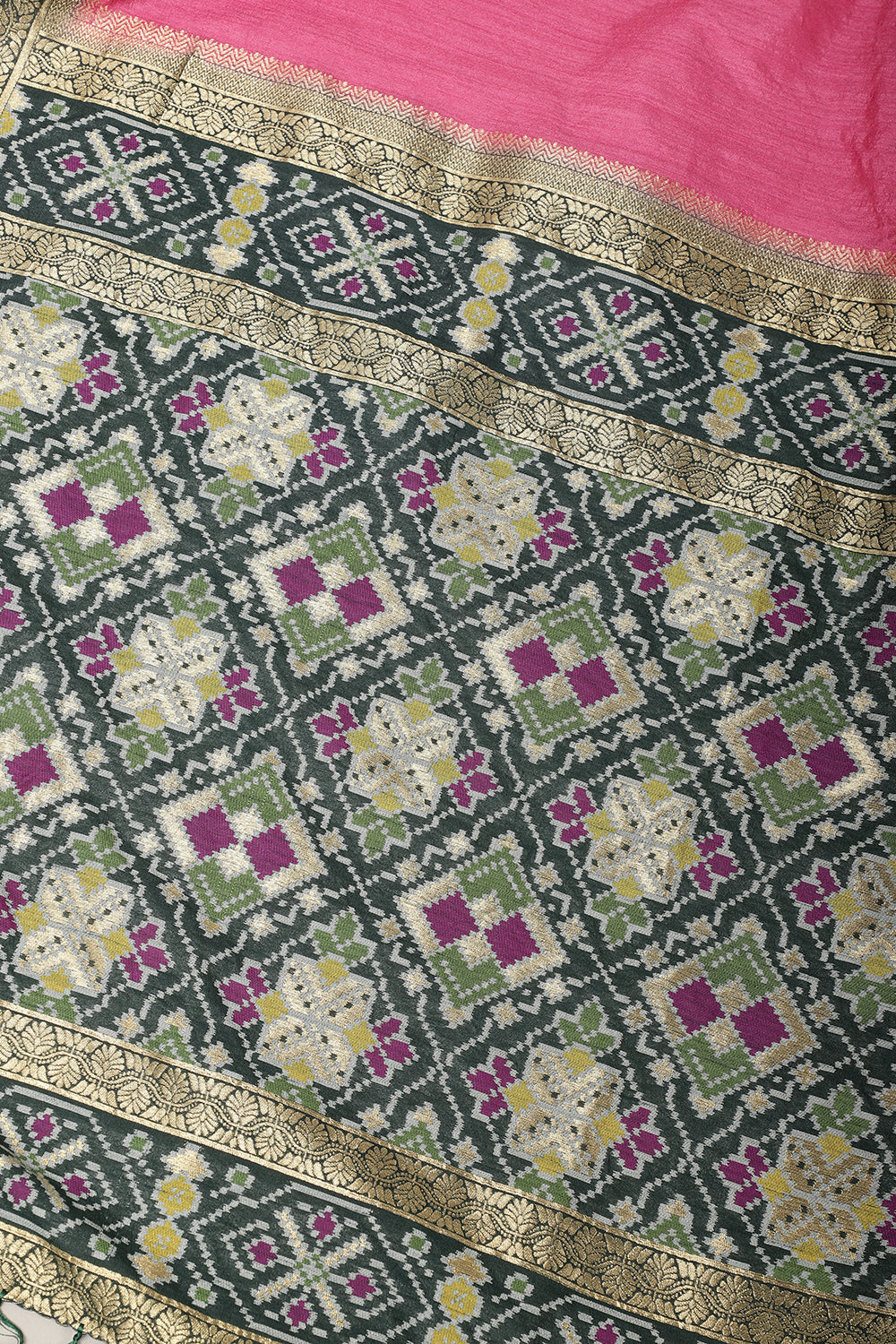 Dark Pink & Green Dual Toned Tussar Silk Patola Woven Saree