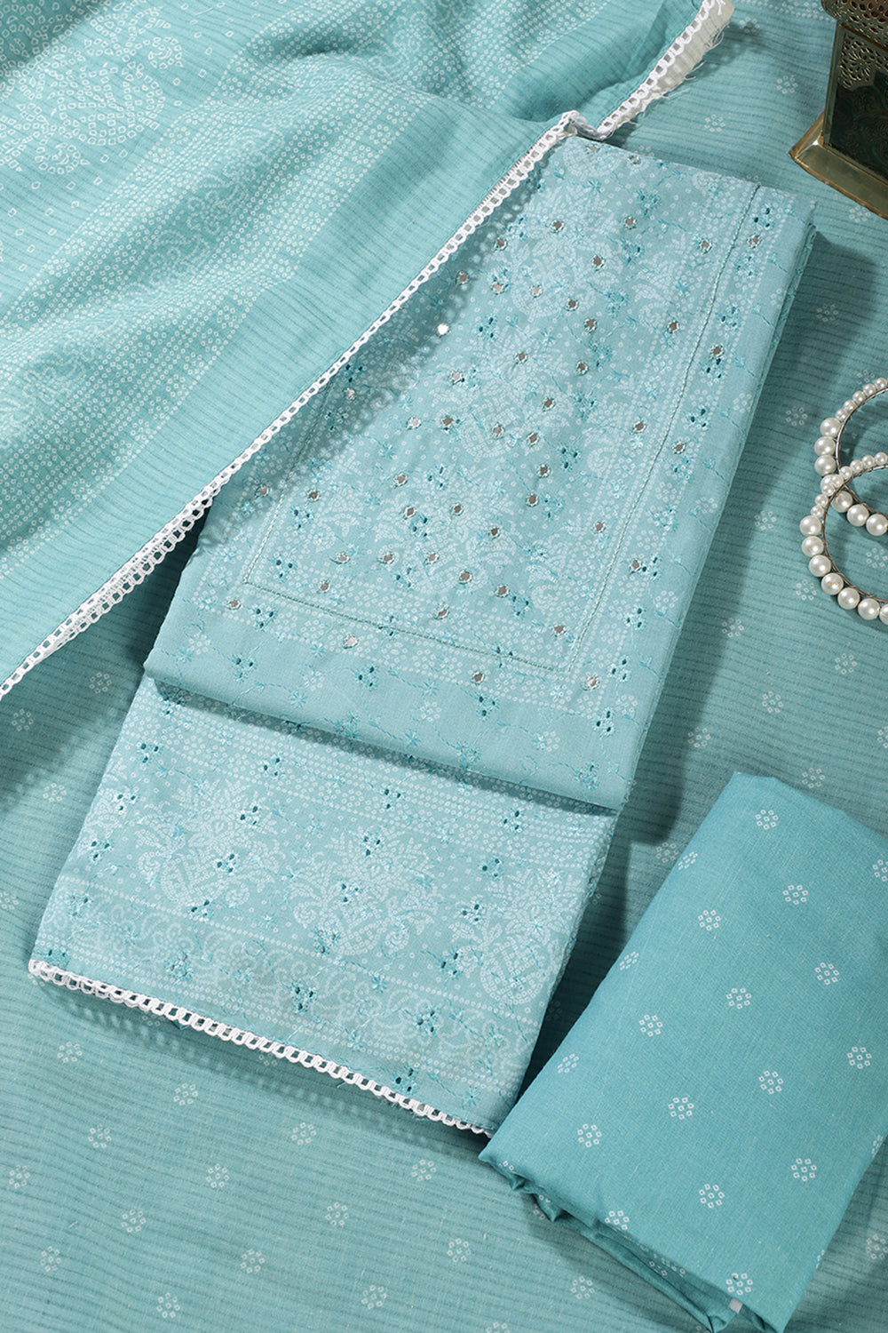 Turquoise Color Resham & Mirror Embroidered Cotton Unstitched Suit Fabric