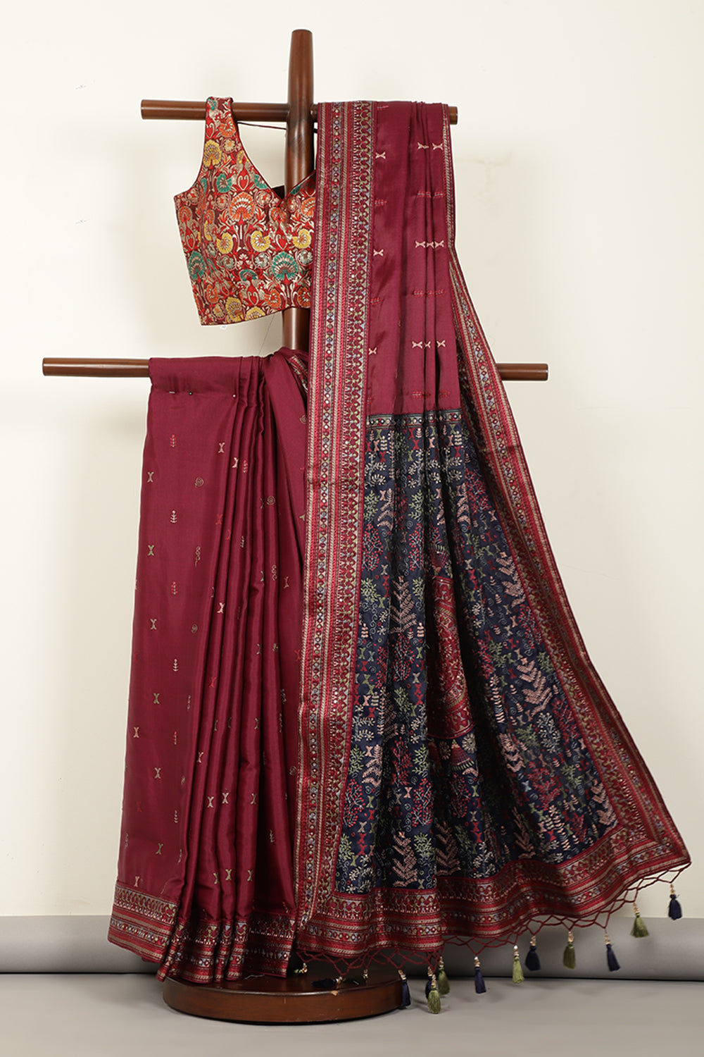 Navy & Wine Silk Resham Embroidered Designer Sarees