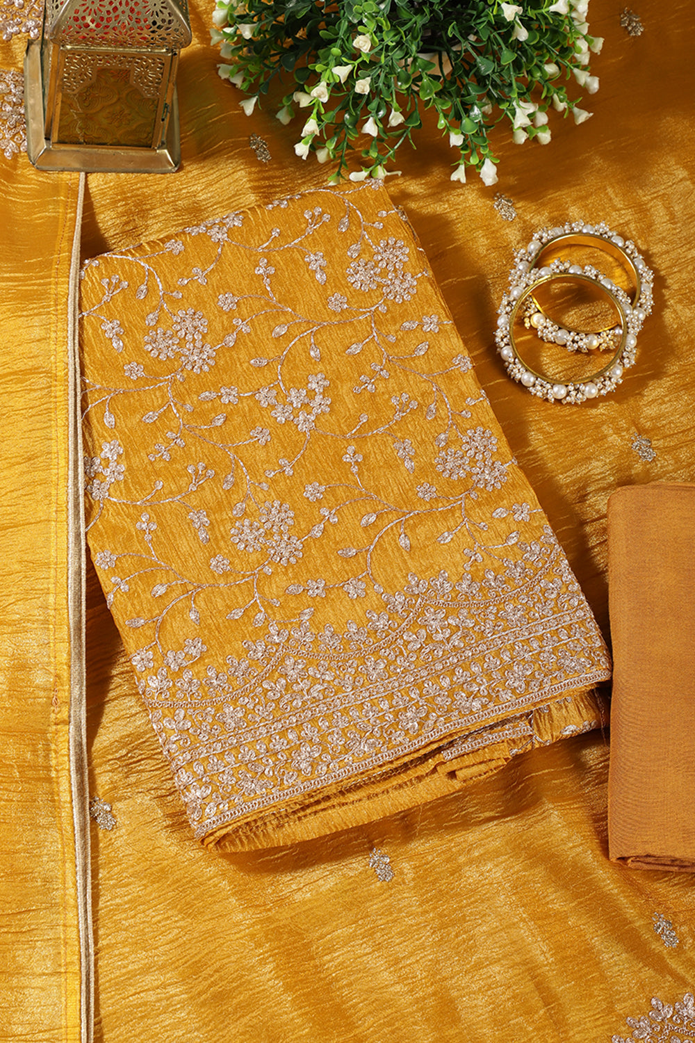 Mustard Tissue Silk Zari Embroidered Unstitched Suit Material