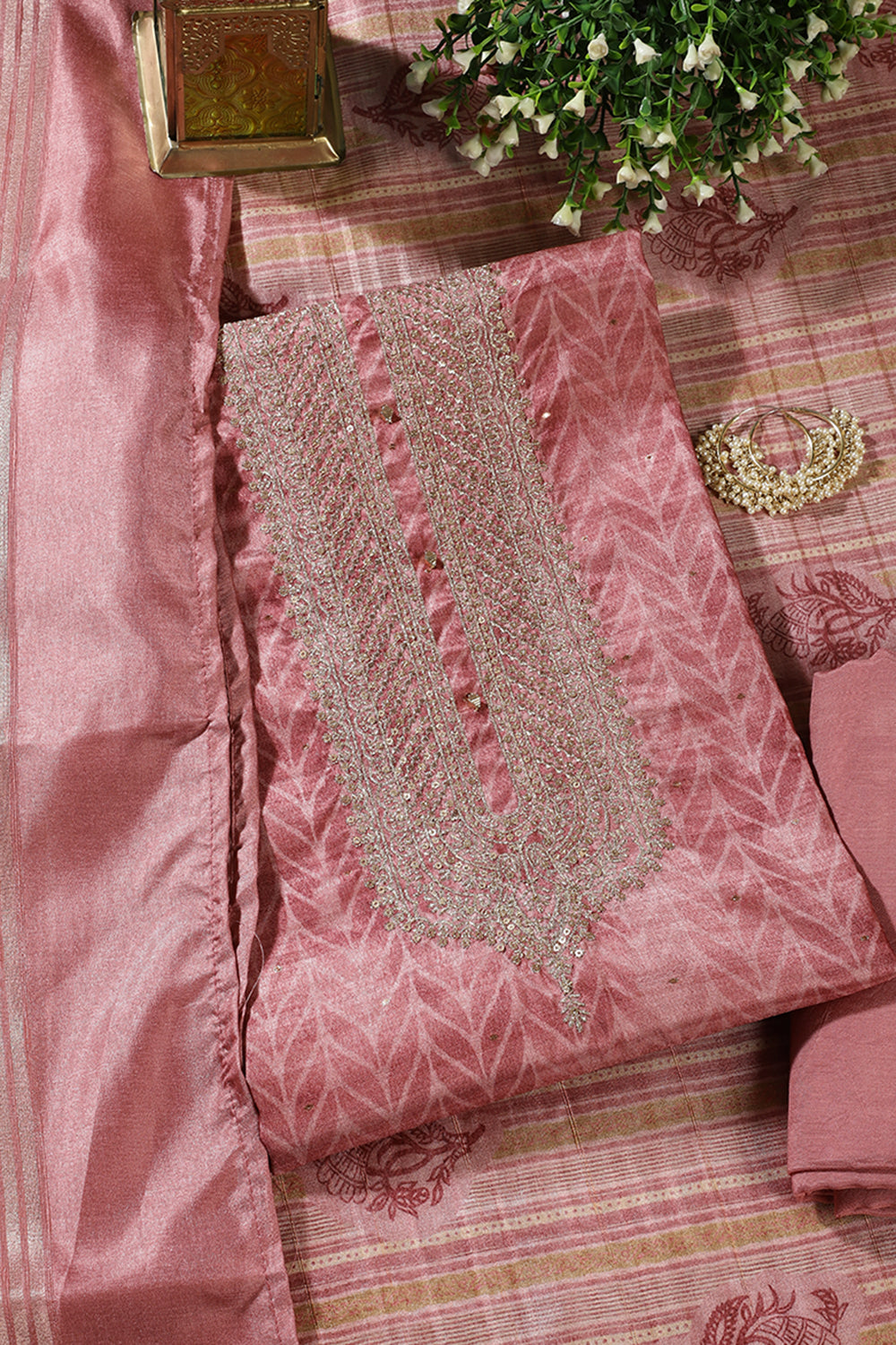 Coral Pink  Tussar Silk Neck Zari Embroidered & Printed Unstitched Suit Fabric