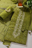 Olive Green Cotton Neck Zardozi Embroidered & Shibori Printed Unstitched Suit Fabric
