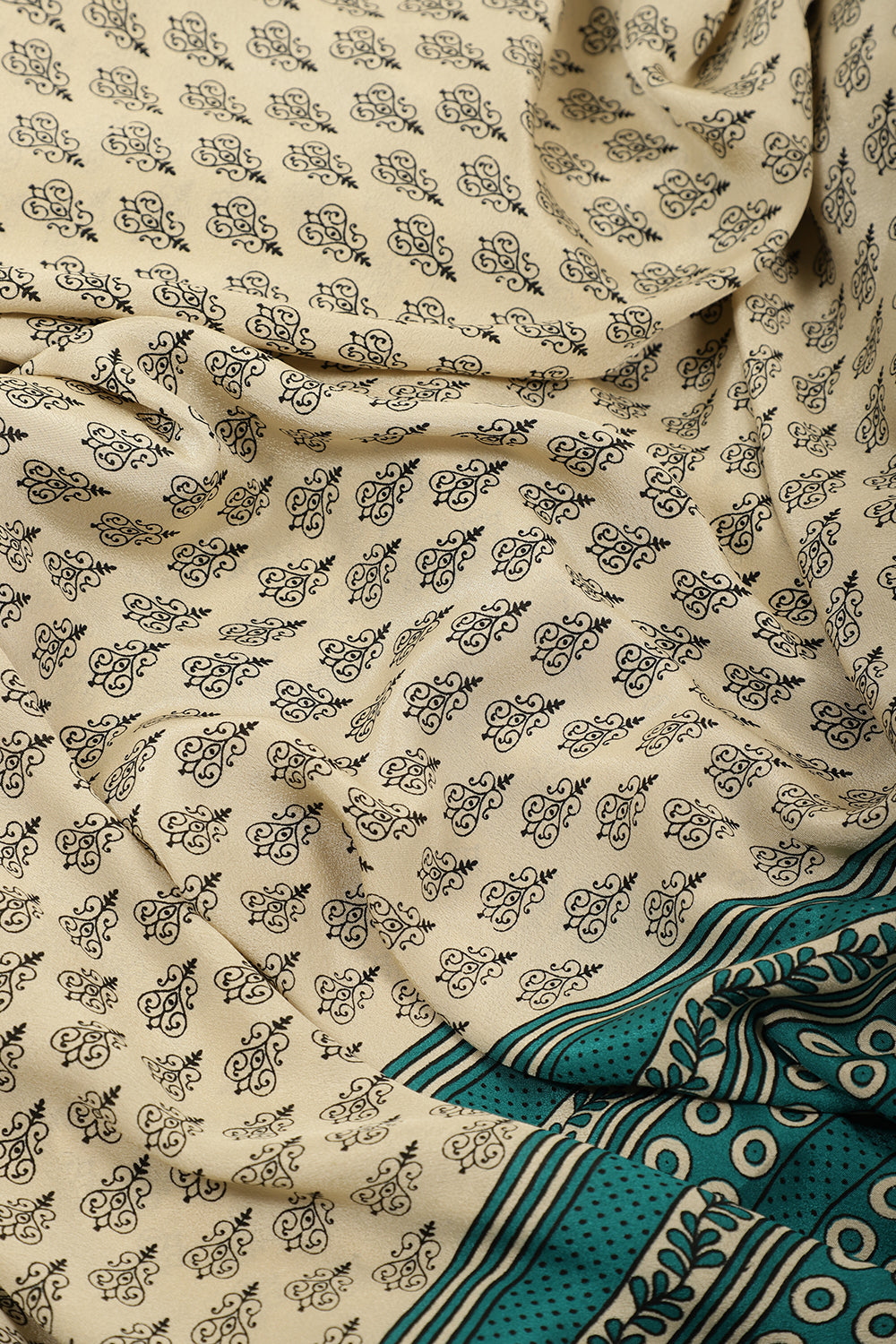 Beige & Teal Crepe Printed Saree