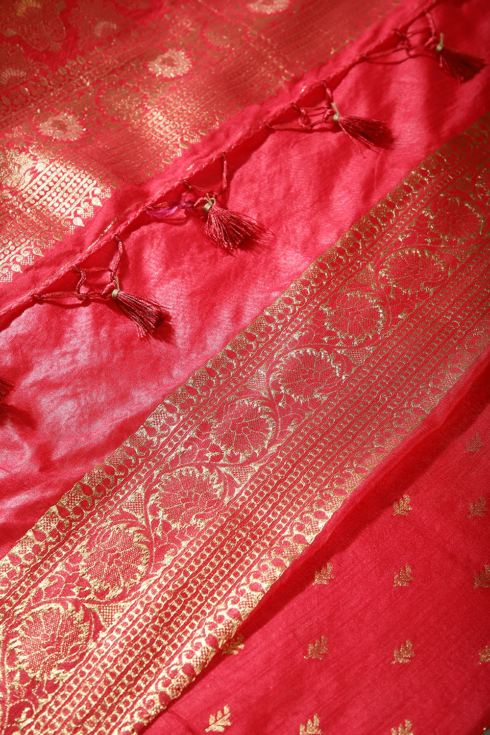 Carmine Red Color Raw Silk Woven Saree
