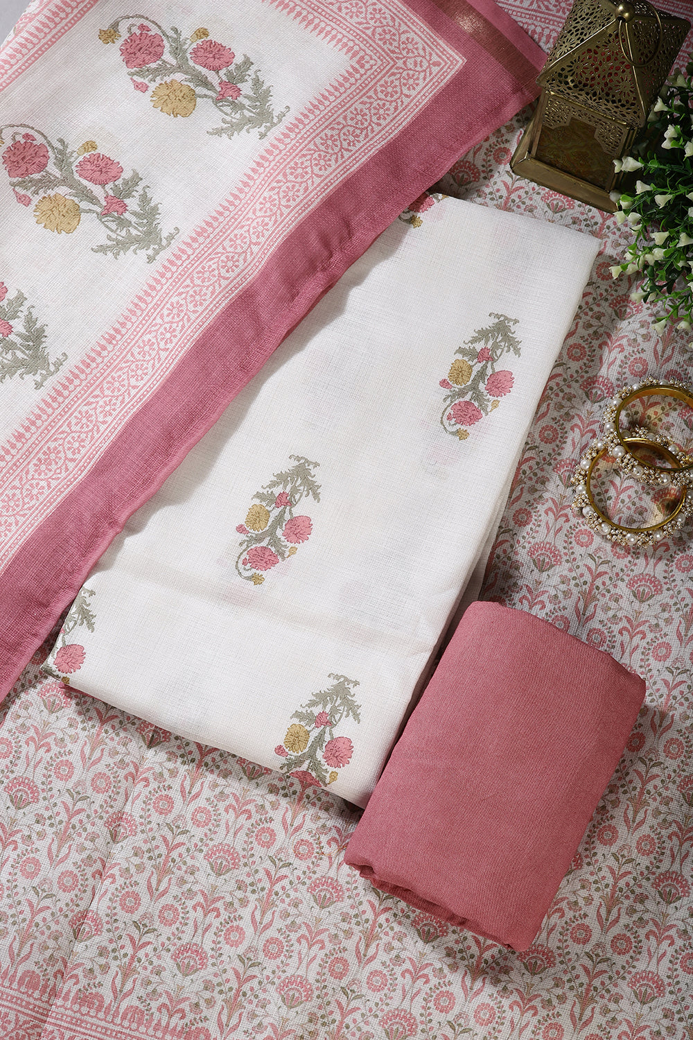 Cream & Dark Mauve Color Cotton Printed Unstitched Suit Material