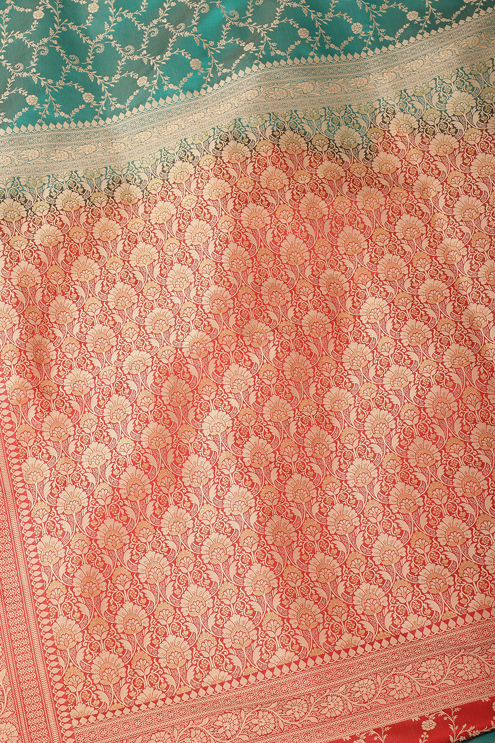 Teal & Red Dual Toned Silk Floral Jal Woven Saree