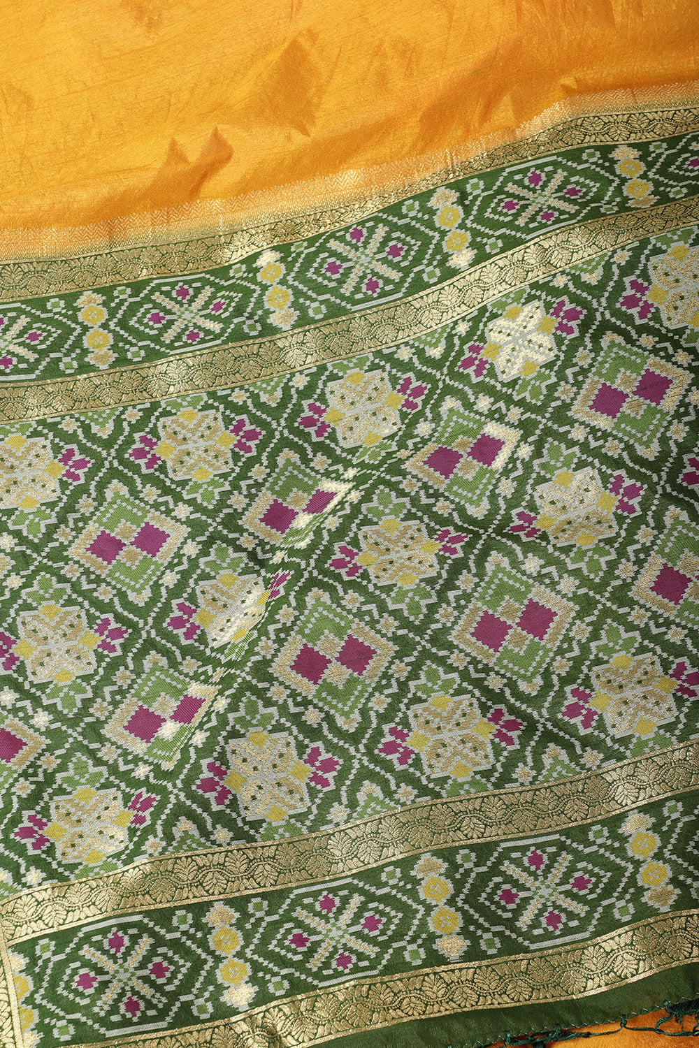 Mustard & Green Dual Toned Tussar Silk Patola Woven Saree